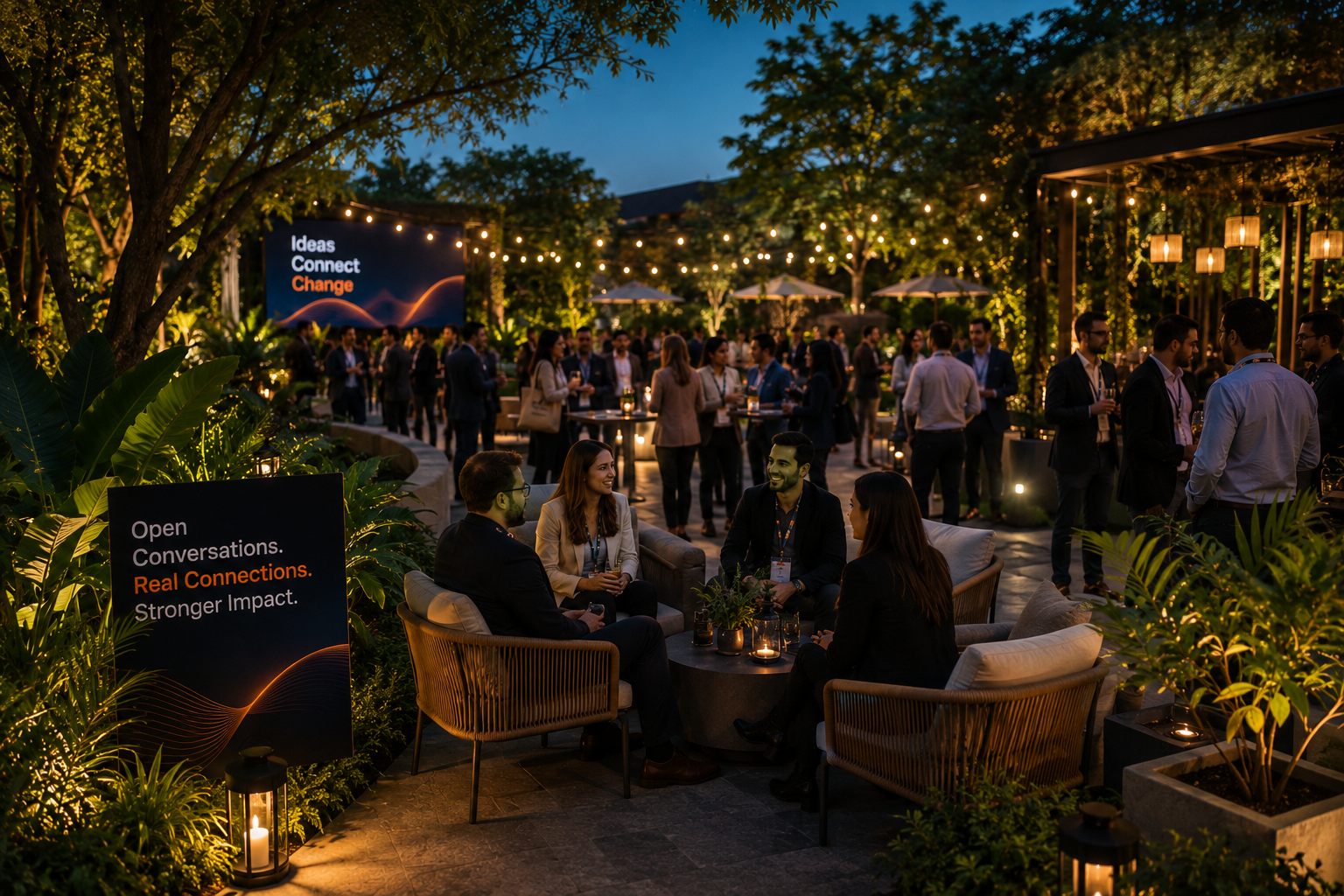 Outdoor garden networking lounge at night