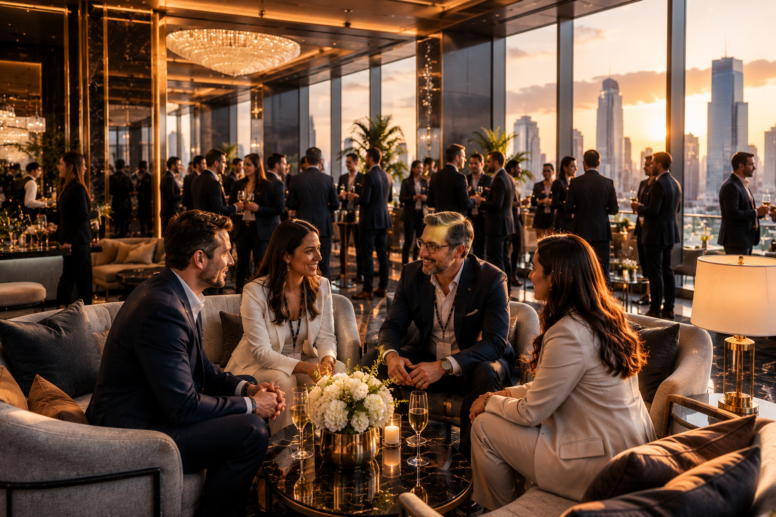 Premium VIP lounge networking at sunset